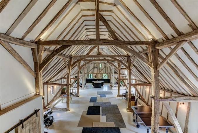 Restored roof structure viewed from the mezzanine at The Barn